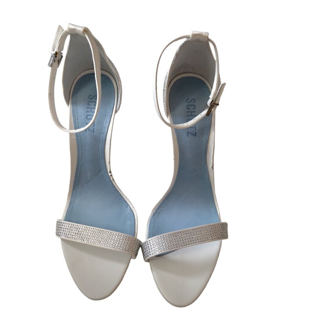 Schutz Size 9B Sandalia Salto Alto Beaded Stiletto White Silver Heels Party